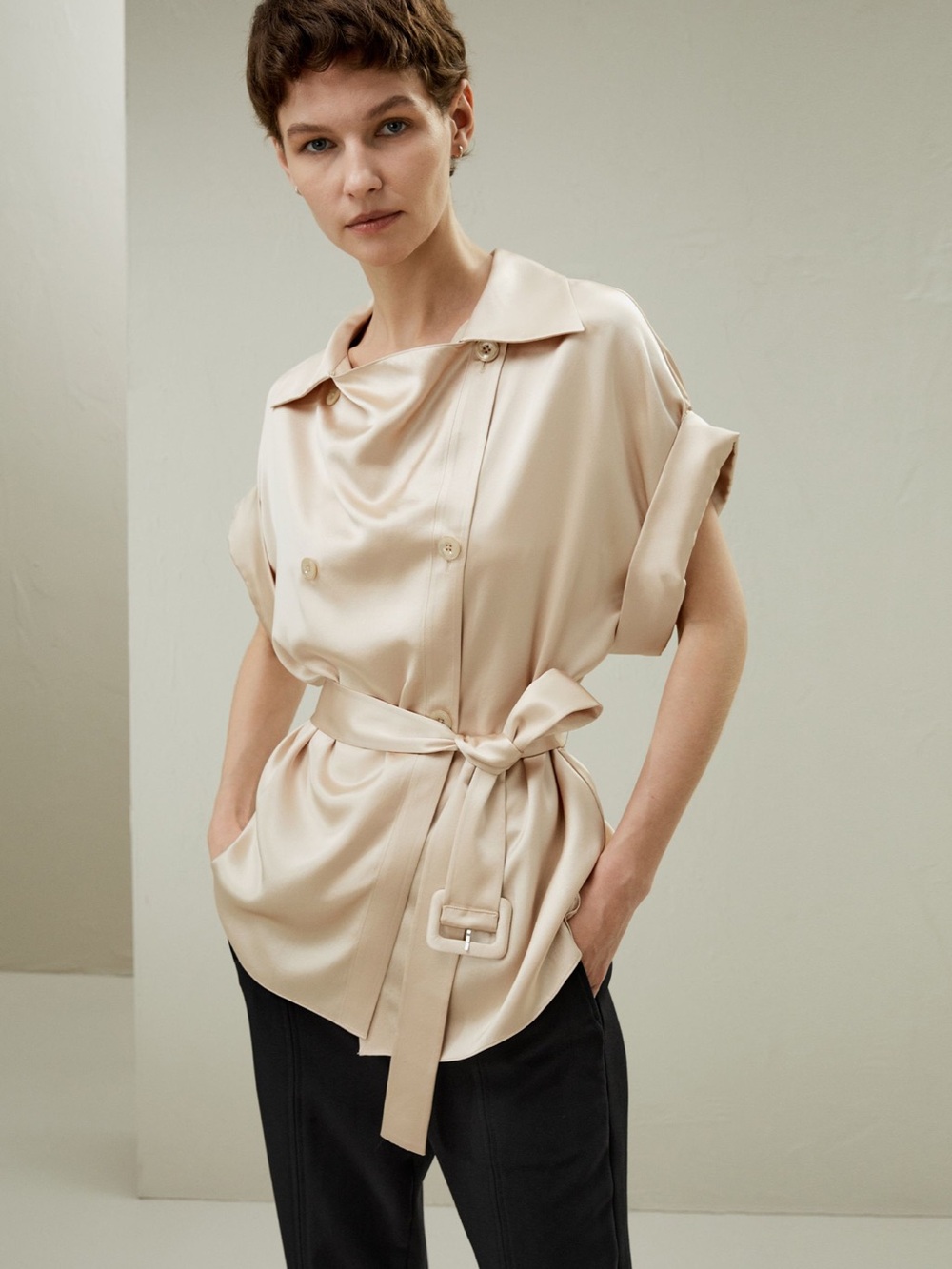 Satin Self-Tie Short-Sleeve Blouse in Cream